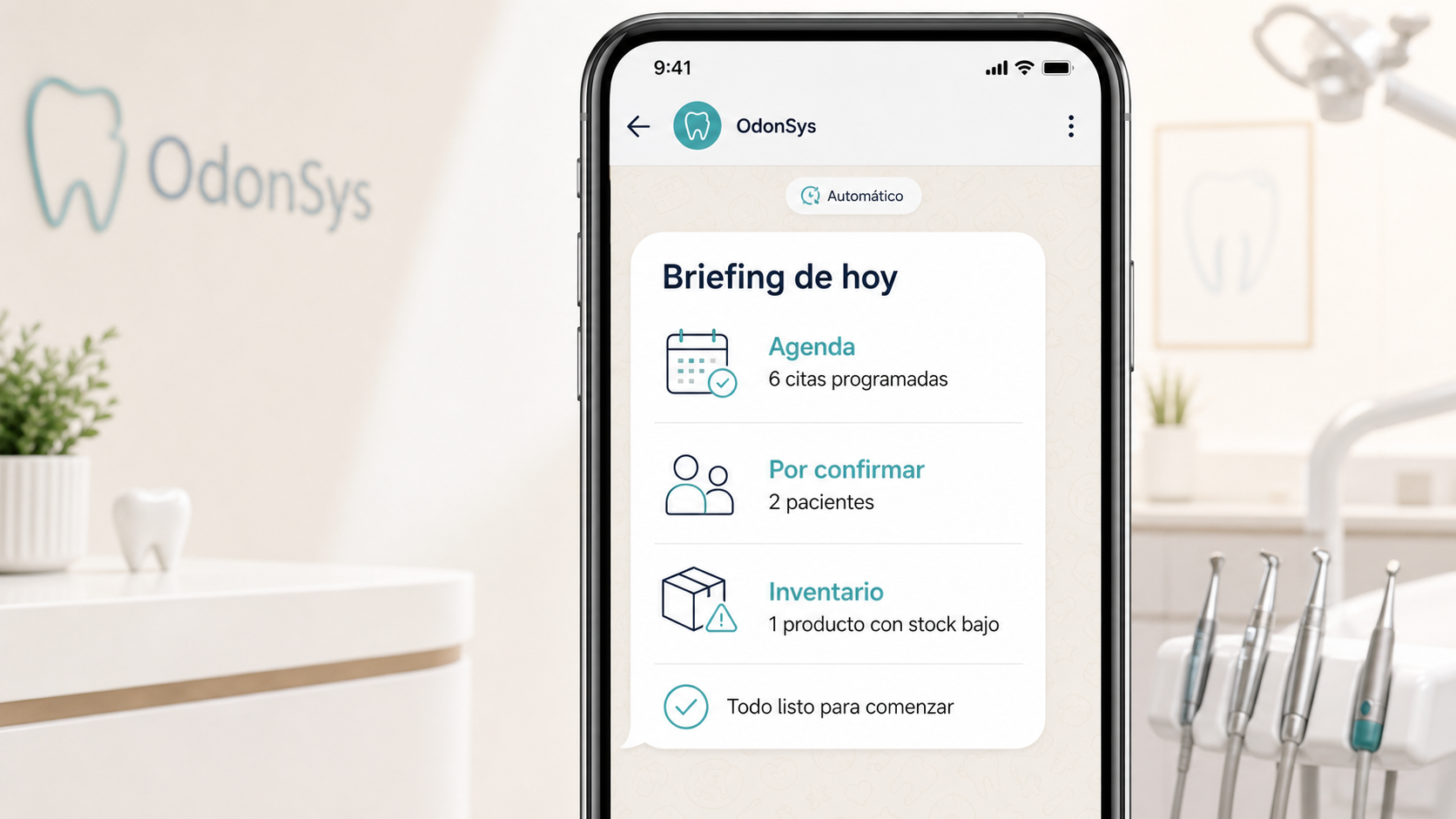 Briefing matutino automático de OdonSys enviado al doctor