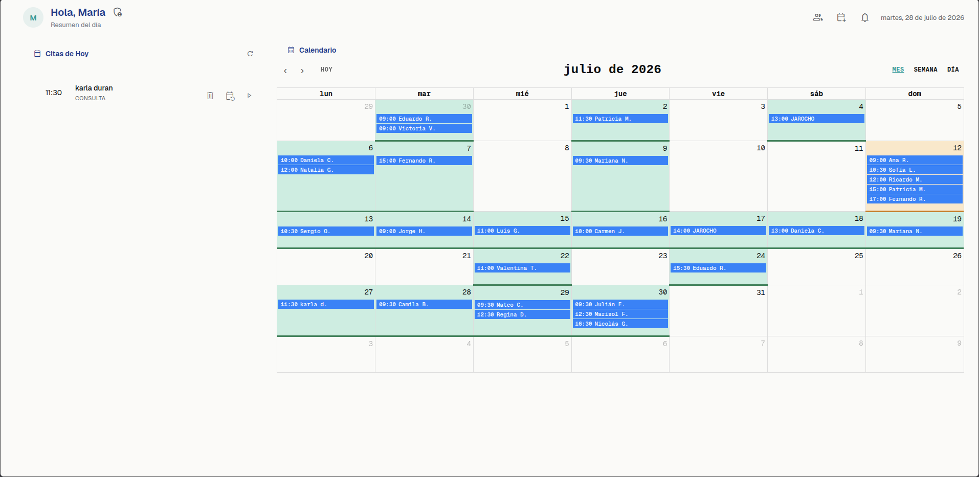 Vista mensual de la Agenda inteligente de OdonSys