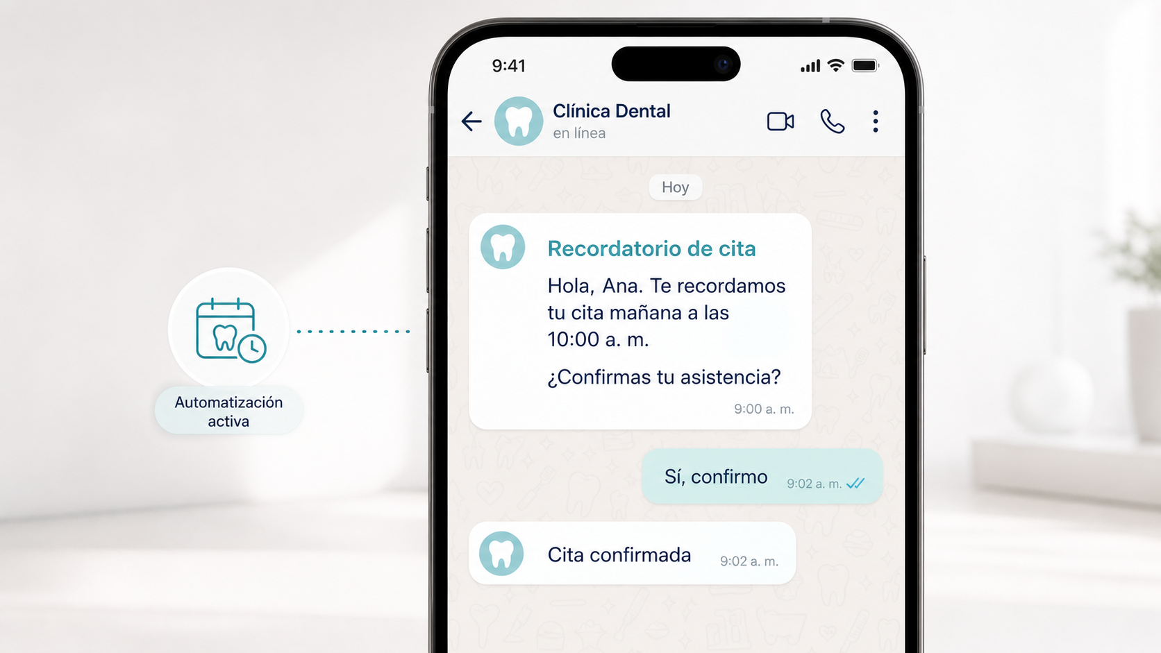 Conversación de WhatsApp con recordatorio automático de una cita dental
